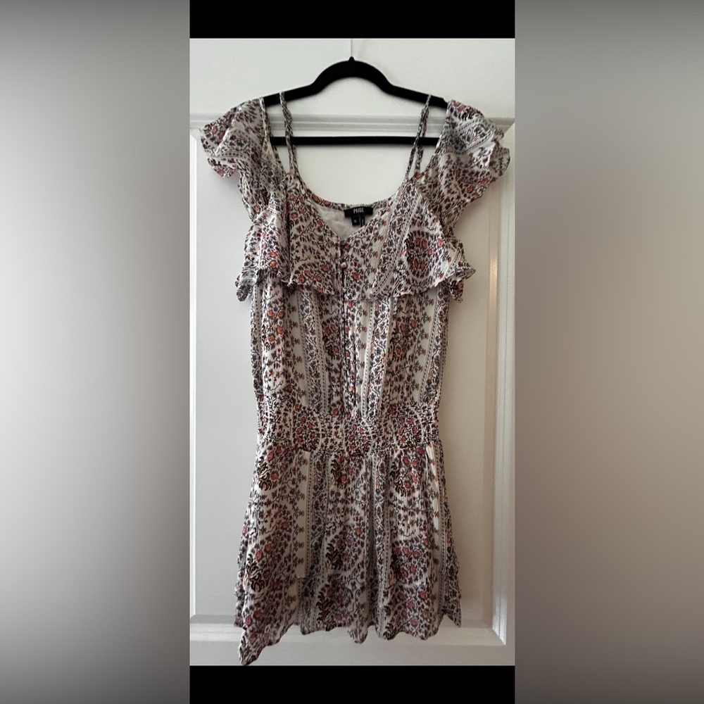 Paige denim floral dress, adjustable straps, cinched waste, button details